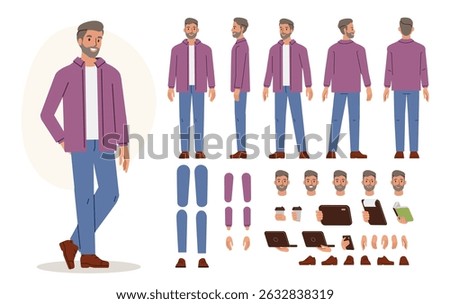 Casual middle aged man with beard. Character constructor for animation. Front, side and back view set. Body parts, postures, poses collection. Vector illustration.