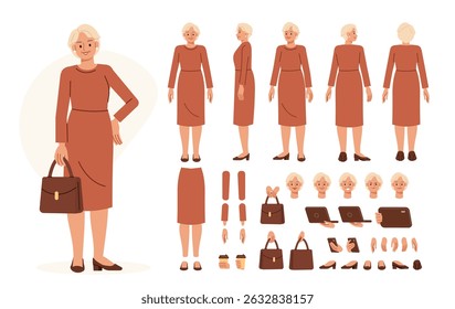 Casual middle aged woman wearing dress. Character constructor for animation. Front, side and back view set. Body parts, postures, poses collection. Vector illustration.