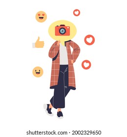 Casual millennial girl posting photos on social media profile with emoticons emoji around. Communication and emotions sharing concept. Cartoon flat vector illustration