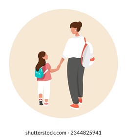 Mamá casual va con su hija a la escuela o simplemente camina. Ilustración de color vectorial aislada en fondo blanco.