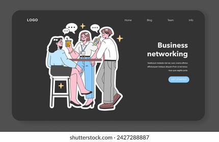 Casual networking concept. Colleagues gather at a high-top table, enjoying drinks and animated conversations. Relaxed office meetup, after-work bonding. Friendly corporate chatter. Flat vector.