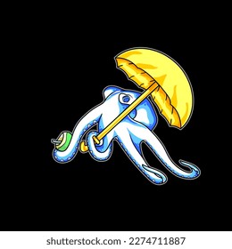 Casual octopus wearing an umbrella and a fresh coconut. vector illustration