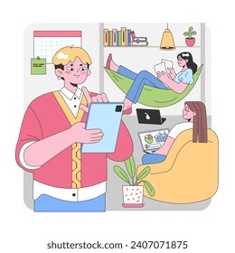Casual office setting with tech-savvy team. Man with tablet giving thumbs up, woman reading on hammock, another analyzing charts. Bright space, books, cozy furniture. Flat vector illustration