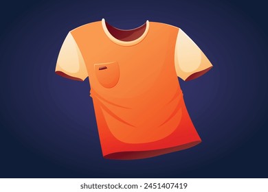 Casual orange men's, children's or women's T-shirt with pocket. Vector isolated cartoon illustration of a clothing item.