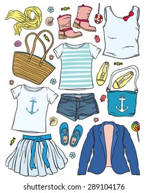 casual outfit - collection of summer clothes - fashion set of woman's summer clothes and accessories