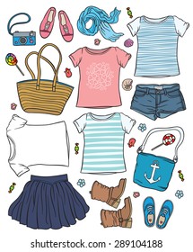 casual outfit - collection of summer clothes - fashion set of woman's summer clothes and accessories