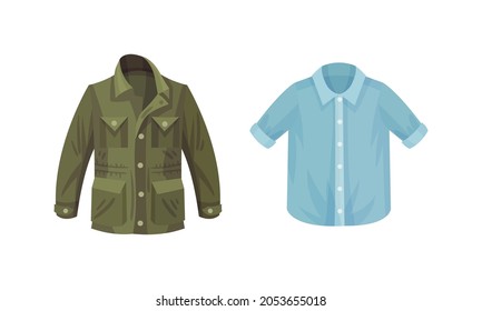 Casual outfit for men set. Stylish khaki windbreaker and short sleeved shirt vector illustration