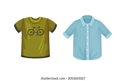 Casual outfit for men set. Stylish fashionable t-shirt and short sleeved shirt and vector illustration