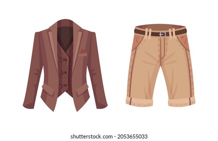 Casual outfit for men set. Stylish fashionable jacket and shorts vector illustration
