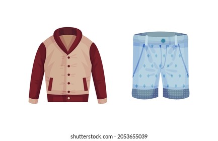 Casual outfit for men set. Stylish fashionable jacket and shorts vector illustration