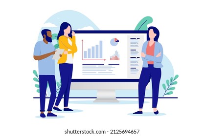 Gelegentliche Leute analysieren Daten - Drei Geschäftsleute und Computer mit Diagrammen und Diagrammen, die sich die Ergebnisse des Unternehmens ansehen. Flaches design, Vektorgrafik mit weißem Hintergrund