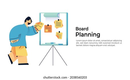 casual people character holding memo. sticky note cards tasks on board for business planning, reminder work, or design development process concept. Flat style vector illustration web page landing