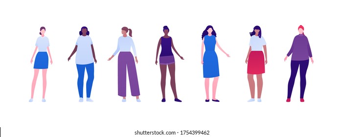 Colección de conceptos de diversidad de personas casuales. Conjunto de ilustraciones de caracteres planos vectoriales. Grupo de mujeres con diferente peso corporal y etnia. Africano, caucásico, hispano. Elemento de diseño para avatar, banner