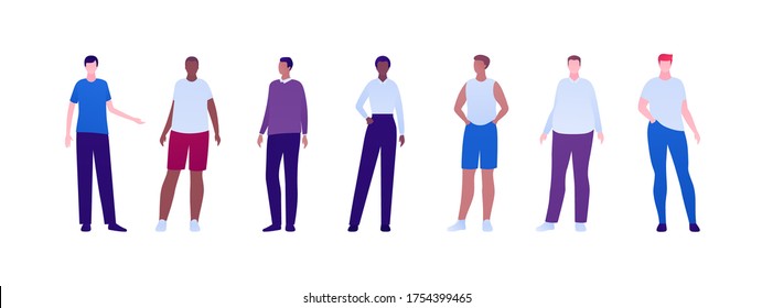 Casual people diversity concept collection. Vector flat character illustration set. Man group with different body weight and ethnic. African, caucasian, hispanic. Design element for avatar, banner