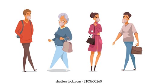 Casual people with face mask set vector illustration. Cartoon side view collection of young and older man and woman walking at distance, guy and girl isolated on white. Coronavirus prevention concept