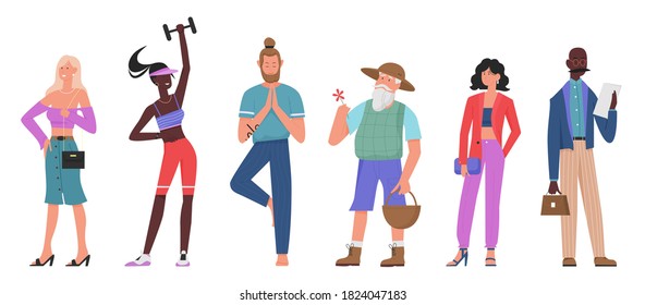 Casual people flat vector illustration set. Cartoon various standing characters collection of senior man, athlete woman, yogist in yoga pose, stylish fashion girl. Urban casual style isolated on white