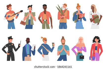 Casual people flat vector illustration set. Cartoon diverse multiracial character collection of different races, professions or ages, man woman in casual outfit clothes, work uniform isolated on white