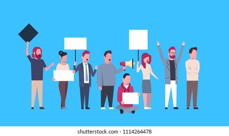 casual people group holding empty boards and shouting at the strike action blue background protection of personal data storage General Data Protection Regulation GDPR concept