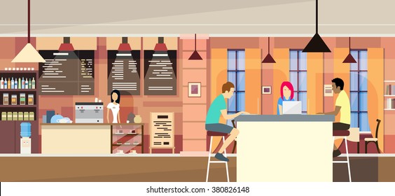 Casual People Group In Modern Cafe Sit Chatting, Students University Campus Vector Illustration