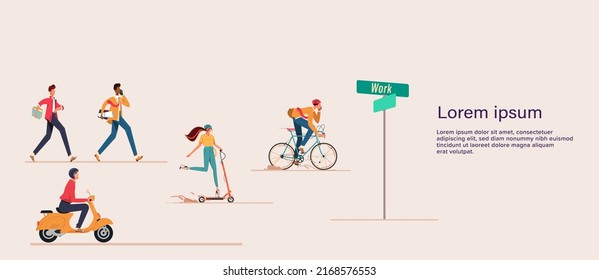 Casual People Group On Their Way To Workplace. Business Abstract Background Banner Flat Vector Illustration. People Go To Workplace With Various Way. Business People Go To Work Concept