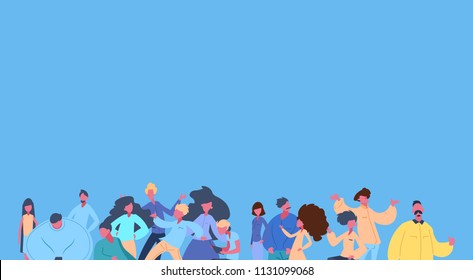 casual people group together man woman character diversity poses over blue background male female cartoon portrait flat vector illustration