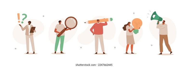 Casual people illustration set. Characters holding huge megaphone, pencil, light bulb and other objects symbolizing business ideas and activities. Marketing, Seo and FAQ concept. Vector illustration.