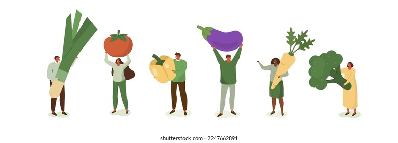 Ilustración del pueblo casual. Caracteres que transportan zanahoria, brócoli, cebolla y otras verduras orgánicas frescas. Vegetariano comiendo comida saludable. Concepto de dieta vegana equilibrada. Ilustración vectorial.