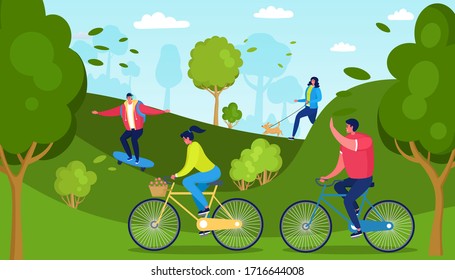 Gelegentliche Menschen außerhalb der Aktivität, Vektorillustration Illustration. Aktive Erholung im Park, Reiten Fahrrad, Skateboarden, Laufen und Gehen mit dem Hund. Mann und Frau verbringen Freizeit im Freien, gesunde Lebensweise.