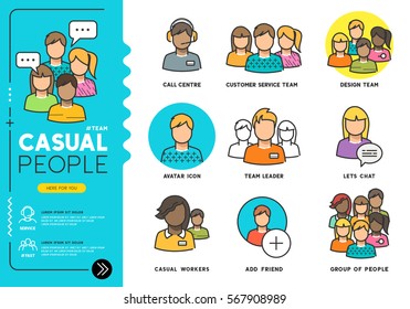 Casual People. Profiles of everyday men and women in various job roles in everyday clothes. Vector illustration line icons.