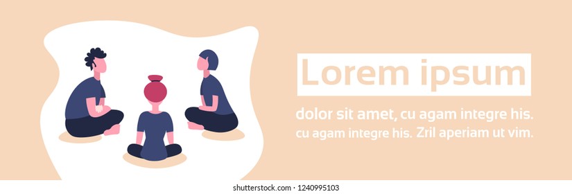 casual people sitting lotus pose communication concept man woman relaxing brainstorming together male female cartoon character flat horizontal banner copy space