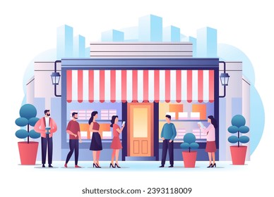 casual people standing together near street marketplace street stall outdoor kiosk horizontal full length