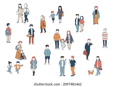 Casual people traveling around the city Happy families, couples, friends. Hand-drawn person illustration
