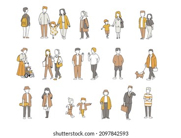 Casual people traveling around the city Happy families, couples, friends. Hand-drawn person illustration