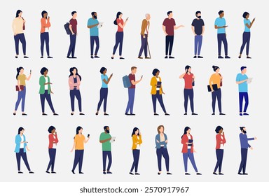 Casual people vector collection - Large set of diverse characters, men and women standing in various poses. Flat design side view graphic illustrations