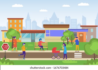 Casual people walking in eco green cityscape, mother with baby carriage, young man jogging, woman cartoon vector illustration. Man and woman in casual cloths in ecologically clean city.