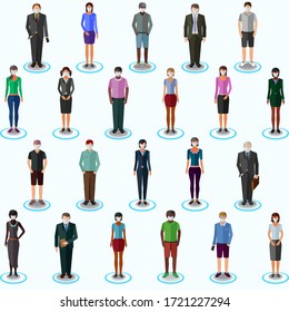 Casual people wearing facial masks standing on a proper distance to each other, their places are marked by special signs, conceptual illustration on social distance theme 