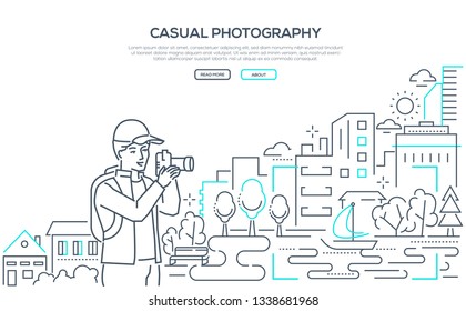 Casual photography - line design style web banner on white background with copy space for text. High quality header with a boy taking pictures of a city, buildings, cityscape. Hobby concept