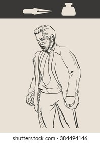 Casual portrait of angry sad businessman, in retro vintage engraving etching sketch hand drawing style