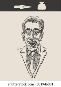 Casual portrait of cheerful energetic charismatic businessman, in retro vintage engraving etching sketch hand drawing style