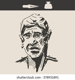 Casual portrait of cunning charismatic outlaw man , in retro vintage engraving etching sketch hand drawing style