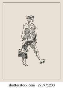 Casual portrait of male businessman with portfolio briefcase, in doodle engraving etching sketch hand drawing style