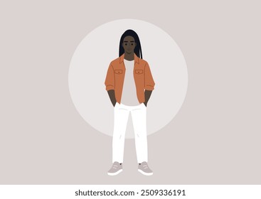 A casual portrait of a masculine figure standing confidently in relaxed attire against a soft beige backdrop, capturing a moment of self-assuredness in a contemporary aesthetic