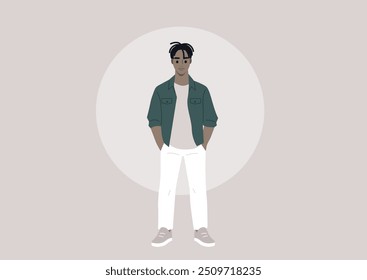 A casual portrait of a masculine figure standing confidently in relaxed attire against a soft beige backdrop, capturing a moment of self-assuredness in a contemporary aesthetic