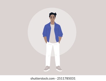 A casual portrait of a masculine figure standing confidently in relaxed attire against a soft beige backdrop, capturing a moment of self-assuredness in a contemporary aesthetic