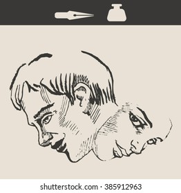Casual portrait of transsexual  man or women or divorce symbol, in retro vintage engraving etching sketch hand drawn style
