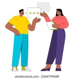 Casual professional conversation concept. Two diverse employees exchanging ideas with speech bubbles. Creative workplace communication. Vector illustration.