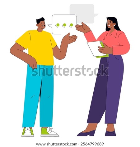 Casual professional conversation concept. Two diverse employees exchanging ideas with speech bubbles. Creative workplace communication. Vector illustration.