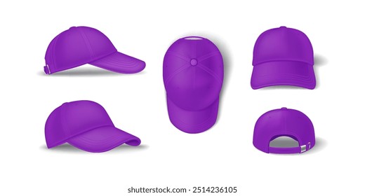 Casual purple baseball cap mockup template realistic vector illustration set. Head clothing with brand template 3d models on white background