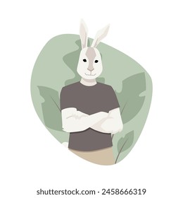 Casual rabbit character design. Vector illustration featuring an anthropomorphic rabbit in relaxed attire, with arms crossed and a serene expression.