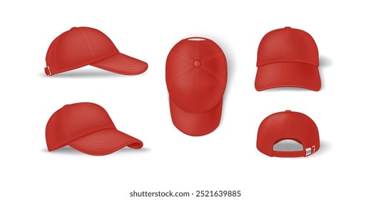 Casual red baseball cap mockup template realistic vector illustration set. Head clothing with brand template 3d models on white background